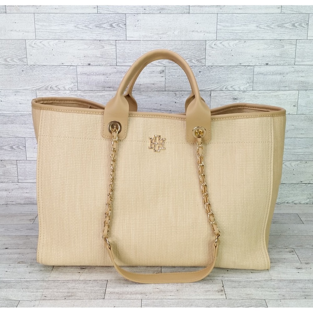 Caroline Hill Melissa Tote Bag Shoulder Bag Beige Natural Nature Canvas Leather